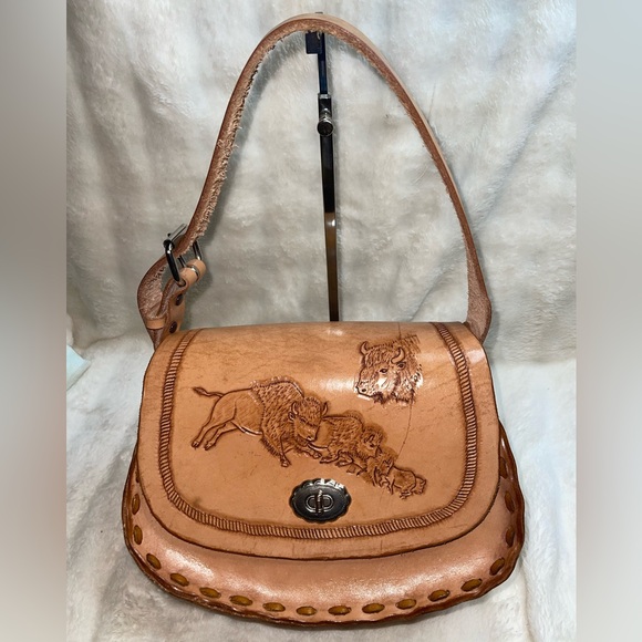 Handmade Handbags - Handmade Tan Tooled Leather Women Bag with Western Design NWOT